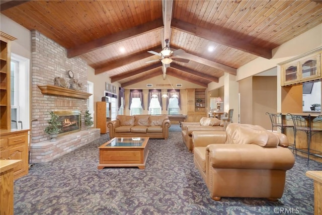8905 Saint Cloud Ln, Bakersfield, CA 93311 - living room featuring carpet floors, wooden ceiling, ceiling fan, and a brick fireplace