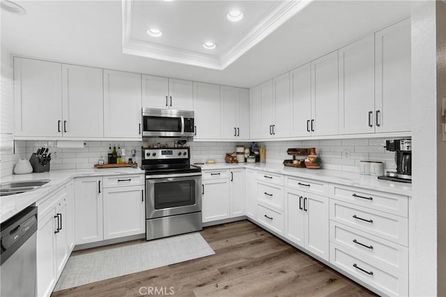 1330 W Apricot Ave, Lompoc, CA 93436 - kitchen with a raised ceiling, appliances with stainless steel finishes, recessed lighting, crown molding, and backsplash