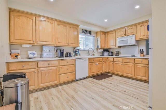 15339 Regalado St, Hacienda Heights, CA 91745 - kitchen with light brown cabinetry, light wood-type flooring, white appliances, light countertops, and recessed lighting