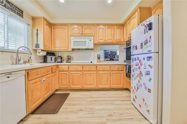 15339 Regalado St, Hacienda Heights, CA 91745 - kitchen featuring white appliances, recessed lighting, light wood-type flooring, light countertops, and light brown cabinets