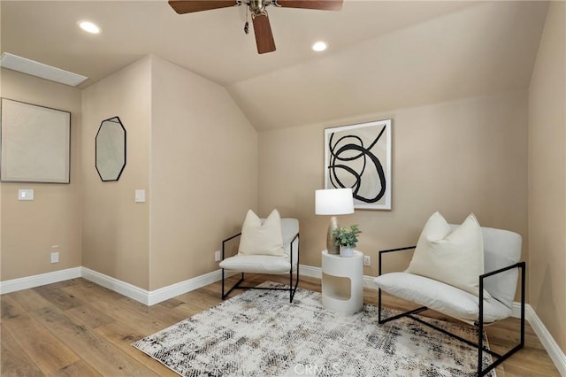 7 Sachem Way, Ladera Ranch, CA 92694 - living area featuring a ceiling fan, wood finished floors, vaulted ceiling, and recessed lighting