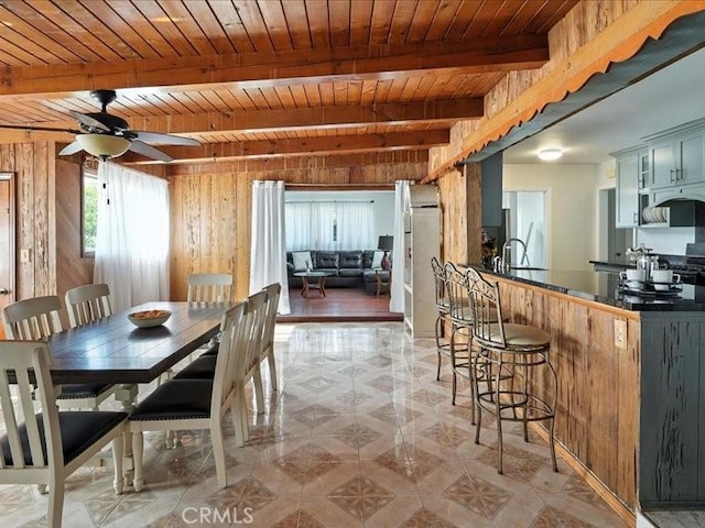 20319 Vanowen St, Winnetka, CA 91306 - dining area with a wood ceiling with exposed beams, wood walls, and ceiling fan