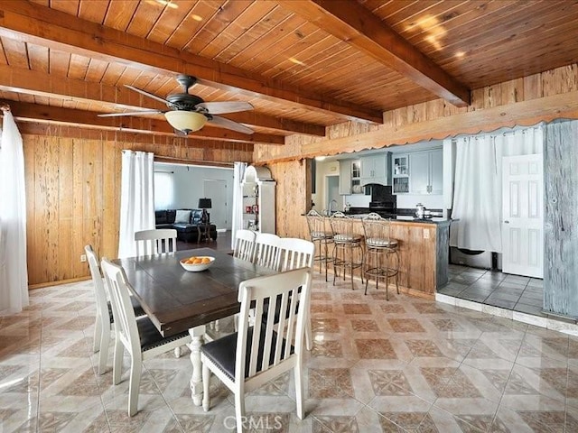 20319 Vanowen St, Winnetka, CA 91306 - dining room featuring wood walls, a wooden ceiling with exposed beams, and a ceiling fan