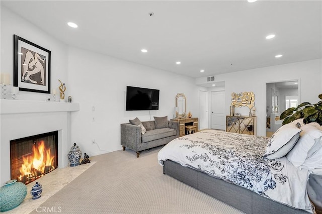 5224 Zelzah Ave Unit 208, Encino, CA 91316 - carpeted bedroom with recessed lighting and a fireplace with flush hearth