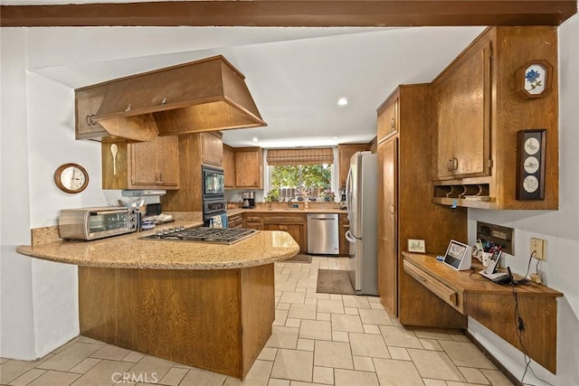 2912 Fragancia Ave, Hacienda Heights, CA 91745 - kitchen with brown cabinetry, a peninsula, custom range hood, stainless steel appliances, and recessed lighting