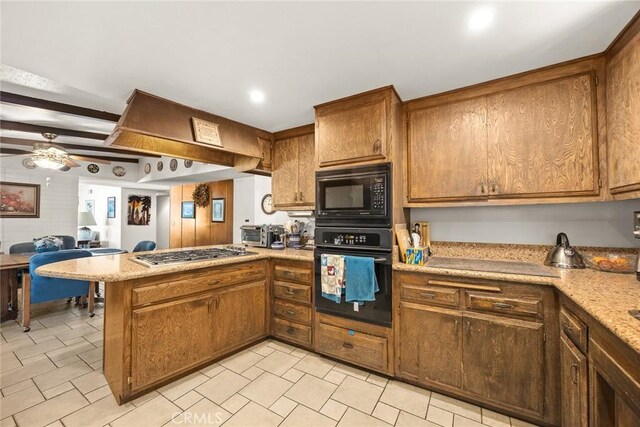 2912 Fragancia Ave, Hacienda Heights, CA 91745 - kitchen featuring a peninsula, black appliances, ceiling fan, and brown cabinetry