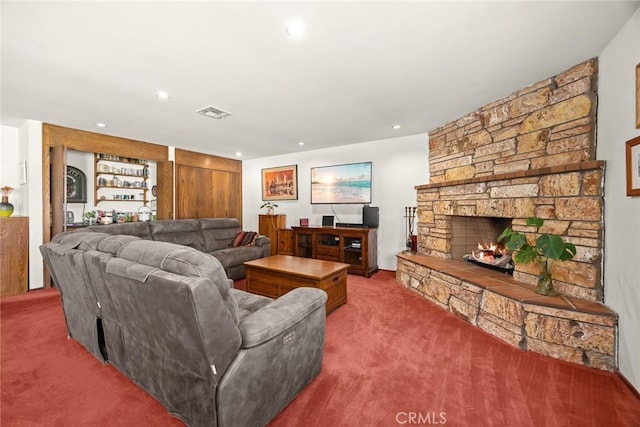 2912 Fragancia Ave, Hacienda Heights, CA 91745 - living room featuring carpet flooring, recessed lighting, and a stone fireplace