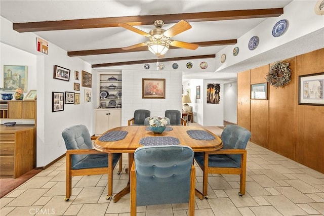 2912 Fragancia Ave, Hacienda Heights, CA 91745 - dining area featuring beamed ceiling, ceiling fan, and wood walls