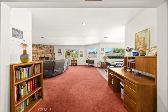 2912 Fragancia Ave, Hacienda Heights, CA 91745 - carpeted living room featuring a stone fireplace, healthy amount of natural light, an office area, and recessed lighting