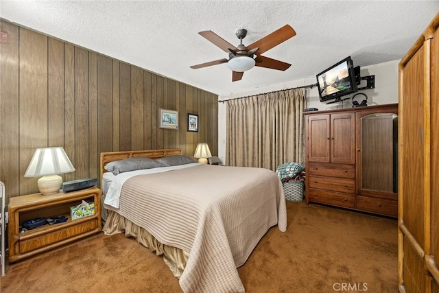 2912 Fragancia Ave, Hacienda Heights, CA 91745 - bedroom featuring light carpet, wooden walls, a ceiling fan, and a textured ceiling