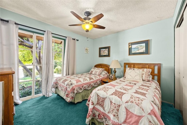 2912 Fragancia Ave, Hacienda Heights, CA 91745 - carpeted bedroom featuring access to exterior, a textured ceiling, a closet, and a ceiling fan
