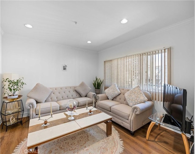 565 E San Jose Ave Unit 204, Burbank, CA 91501 - living area with ornamental molding, wood finished floors, and recessed lighting