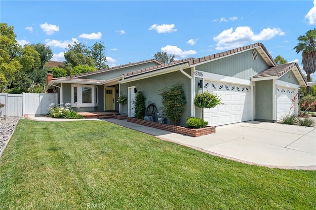 3705 Cypress Ln, Yorba Linda, CA 92886 - ranch-style house with a garage, a tile roof, driveway, and stucco siding