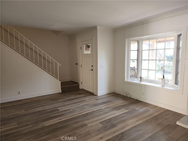 17077 Los Modelos St, Fountain Valley, CA 92708 - foyer featuring ornamental molding, dark wood-style floors, and stairs