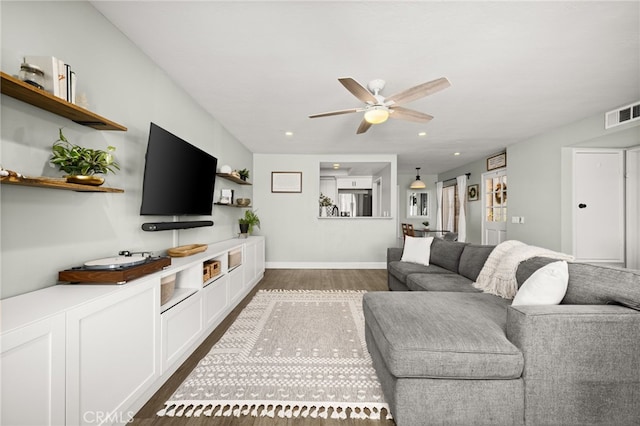45 Bramble Ln Unit 109, Aliso Viejo, CA 92656 - living room with ceiling fan, dark wood-style floors, and recessed lighting