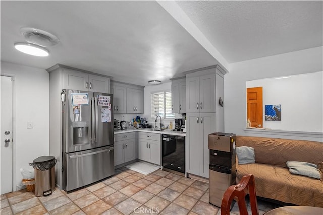 1062 Golden Rain St, Upland, CA 91786 - kitchen with gray cabinetry, stainless steel refrigerator with ice dispenser, light countertops, dishwasher, and open floor plan