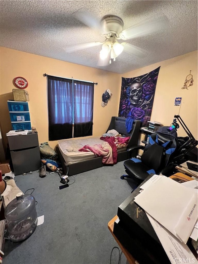 7512 Xavier Ave, California City, CA 93505 - carpeted bedroom with fridge, a ceiling fan, and a textured ceiling