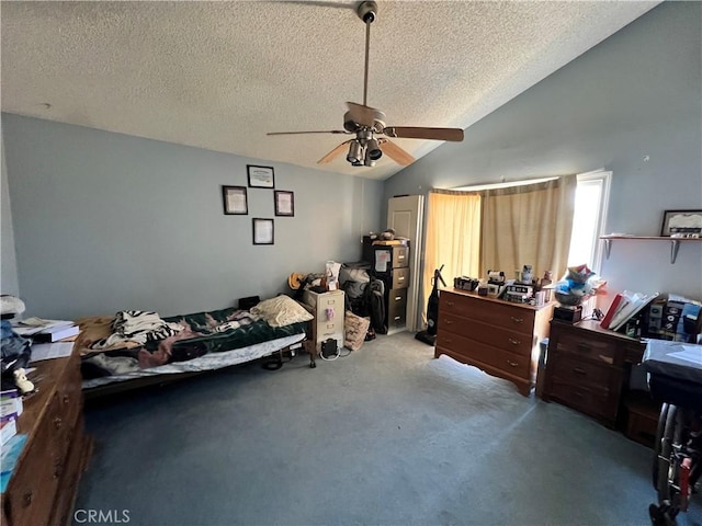 7512 Xavier Ave, California City, CA 93505 - bedroom with a textured ceiling, carpet floors, vaulted ceiling, and a ceiling fan