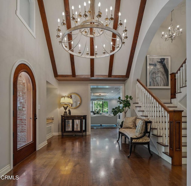 1370 Hillcrest Ave, Pasadena, CA 91106 - foyer with a chandelier, high vaulted ceiling, stairway, beamed ceiling, and arched walkways