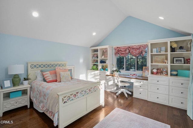 1370 Hillcrest Ave, Pasadena, CA 91106 - bedroom featuring vaulted ceiling, dark wood finished floors, built in desk, and recessed lighting