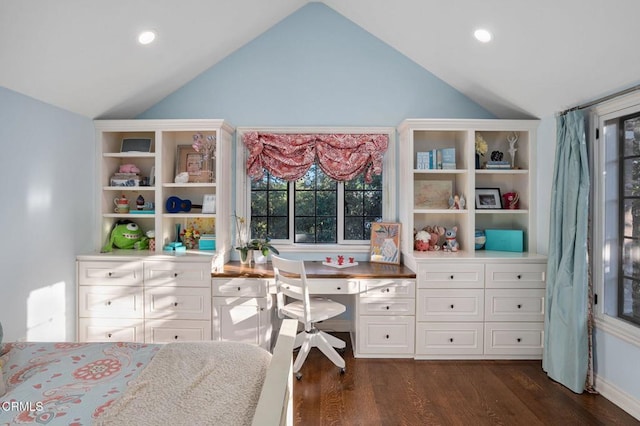 1370 Hillcrest Ave, Pasadena, CA 91106 - bedroom with vaulted ceiling, dark wood-style flooring, built in study area, and recessed lighting