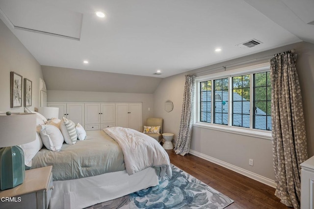 1370 Hillcrest Ave, Pasadena, CA 91106 - bedroom with wood finished floors, vaulted ceiling, recessed lighting, attic access, and a closet