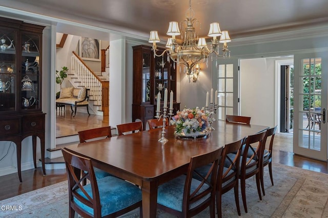 1370 Hillcrest Ave, Pasadena, CA 91106 - dining space with a chandelier, stairway, wood finished floors, and ornamental molding