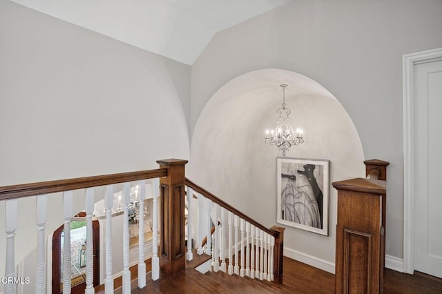1370 Hillcrest Ave, Pasadena, CA 91106 - stairs with lofted ceiling, a chandelier, and wood finished floors