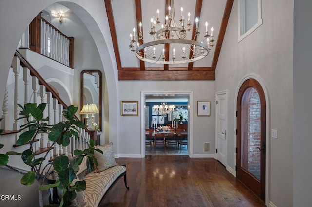 1370 Hillcrest Ave, Pasadena, CA 91106 - foyer with a chandelier, a towering ceiling, wood finished floors, and arched walkways