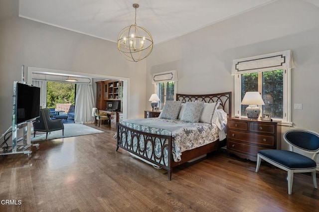 1370 Hillcrest Ave, Pasadena, CA 91106 - bedroom featuring a chandelier, access to exterior, wood finished floors, and crown molding