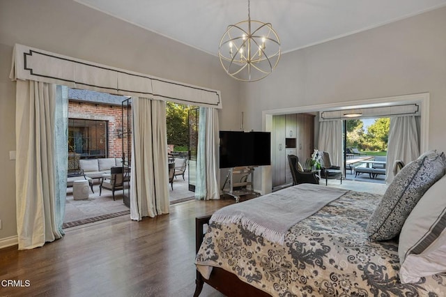 1370 Hillcrest Ave, Pasadena, CA 91106 - bedroom with a chandelier, access to exterior, crown molding, wood finished floors, and a high ceiling