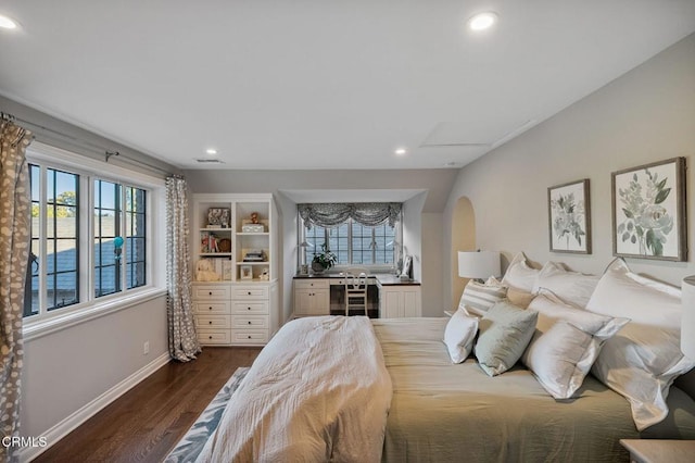 1370 Hillcrest Ave, Pasadena, CA 91106 - bedroom featuring multiple windows, dark wood finished floors, recessed lighting, and arched walkways
