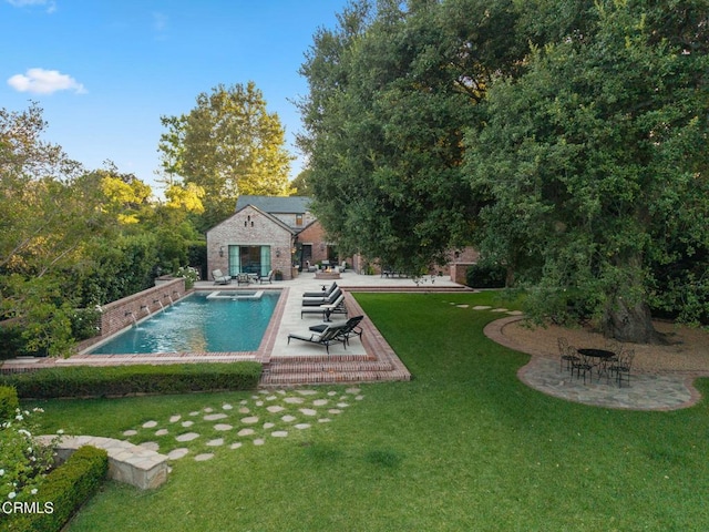 1370 Hillcrest Ave, Pasadena, CA 91106 - outdoor pool with a patio area, a lawn, an outdoor structure, and a storage structure
