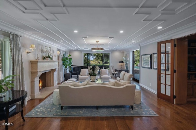1370 Hillcrest Ave, Pasadena, CA 91106 - living room featuring a high end fireplace, wood finished floors, ornamental molding, and recessed lighting