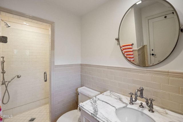 1370 Hillcrest Ave, Pasadena, CA 91106 - bathroom featuring a shower stall, vanity, and a wainscoted wall