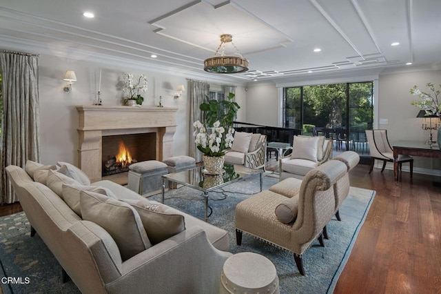 1370 Hillcrest Ave, Pasadena, CA 91106 - living area with wood finished floors, recessed lighting, crown molding, and a premium fireplace