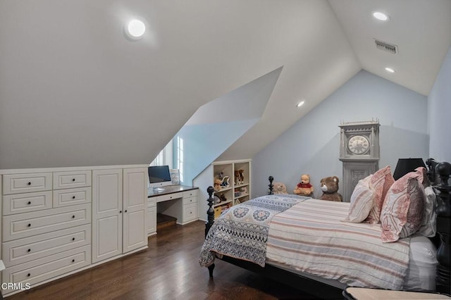1370 Hillcrest Ave, Pasadena, CA 91106 - bedroom with lofted ceiling, dark wood-type flooring, recessed lighting, and a desk