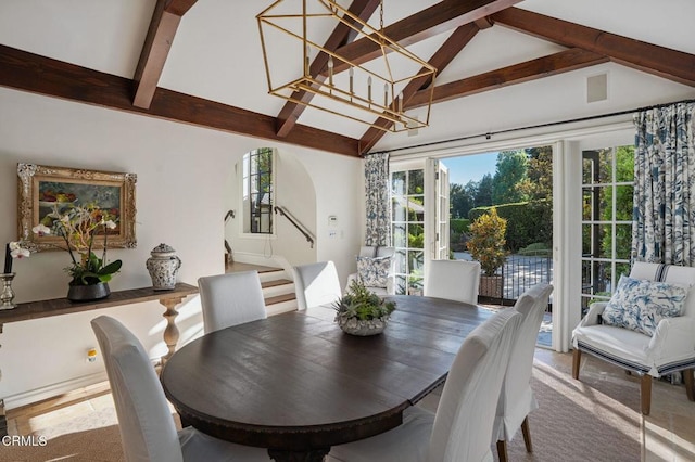 1370 Hillcrest Ave, Pasadena, CA 91106 - dining area featuring beam ceiling, a chandelier, stairway, and high vaulted ceiling