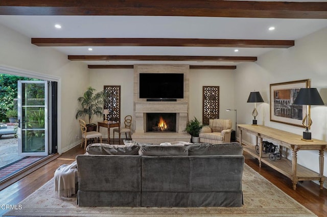 1370 Hillcrest Ave, Pasadena, CA 91106 - living area with a large fireplace, beamed ceiling, wood finished floors, and recessed lighting