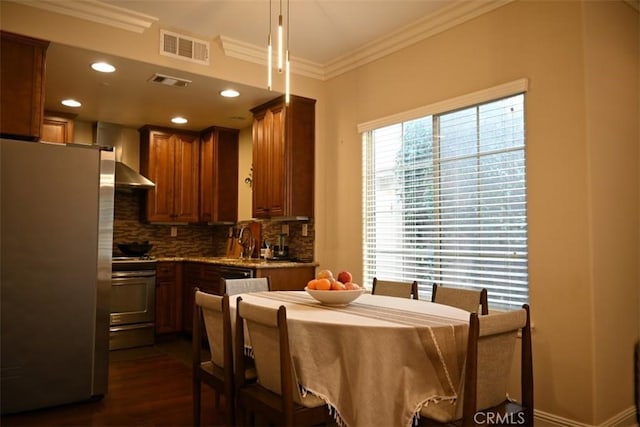 31 Alta St Unit A, Arcadia, CA 91006 - kitchen with freestanding refrigerator, crown molding, backsplash, white range oven, and dark wood-type flooring