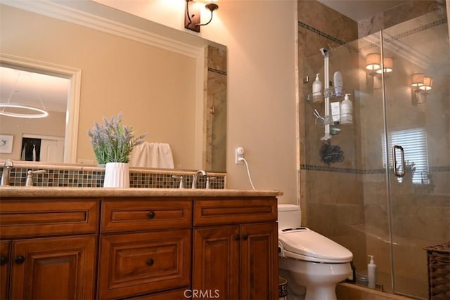31 Alta St Unit A, Arcadia, CA 91006 - bathroom featuring a stall shower, vanity, decorative backsplash, and crown molding