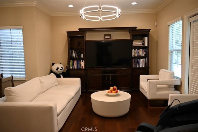 31 Alta St Unit A, Arcadia, CA 91006 - living room with dark wood-style flooring, plenty of natural light, recessed lighting, and crown molding