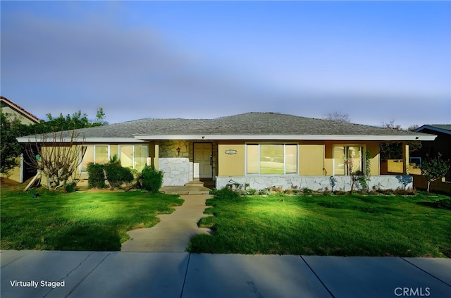 1472 N San Antonio Ave, Upland, CA 91786 - ranch-style home featuring roof with shingles, a front yard, stucco siding, and stone siding