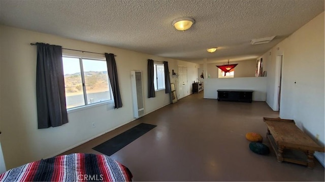1729 N Deer Trl, Landers, CA 92285 - unfurnished living room featuring a textured ceiling, a heating unit, and concrete floors