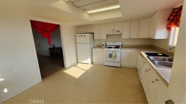 1729 N Deer Trl, Landers, CA 92285 - kitchen with white appliances, white cabinets, under cabinet range hood, and light countertops