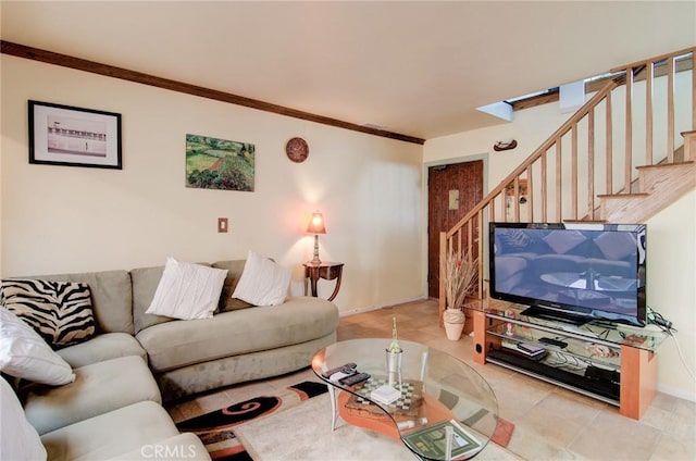 17072 5th St Unit A, Sunset Beach, CA 90742 - living room featuring stairs and ornamental molding
