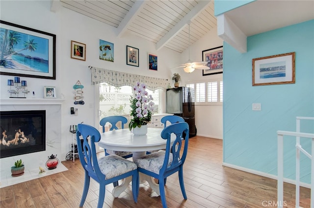 17072 5th St Unit A, Sunset Beach, CA 90742 - dining room with wood finished floors, a premium fireplace, ceiling fan, and wooden ceiling