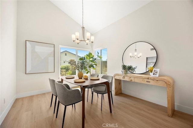2260 Ardemore Dr, Fullerton, CA 92833 - dining room featuring a chandelier, high vaulted ceiling, and light wood-type flooring