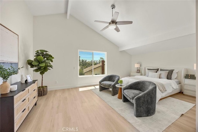 2260 Ardemore Dr, Fullerton, CA 92833 - bedroom featuring high vaulted ceiling, beam ceiling, light wood-style floors, and ceiling fan