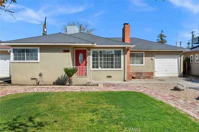 404 W Robinson Ave, Fresno, CA 93705 - ranch-style house featuring an attached garage, a chimney, a front lawn, crawl space, and a shingled roof